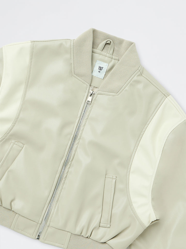 Girls Light Beige Striped Bomber Jacket
