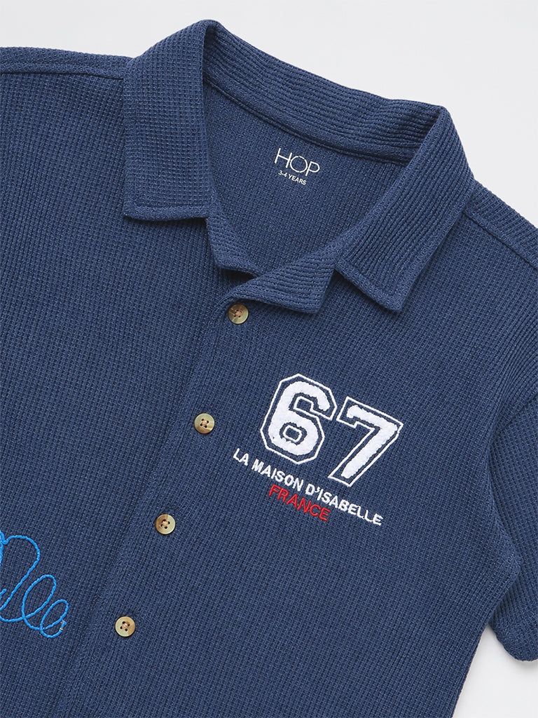 HOP Kids Boys Blue Waffle-Textured Cotton-Blend Shirt