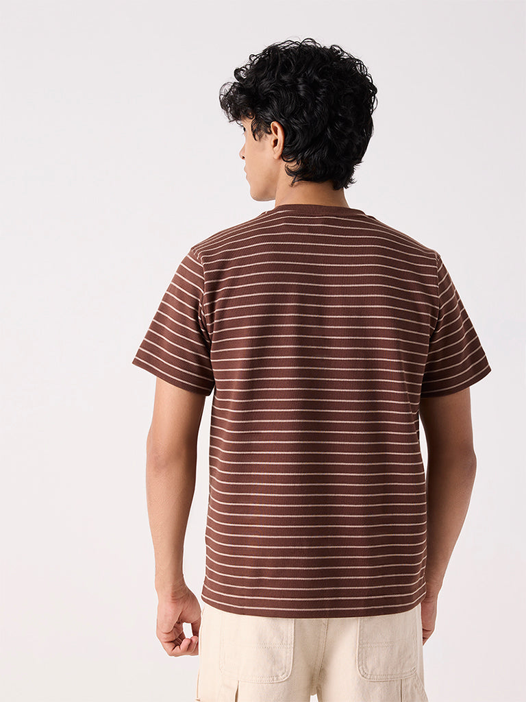 Boys Brown Stripe Printed Cotton T-Shirt