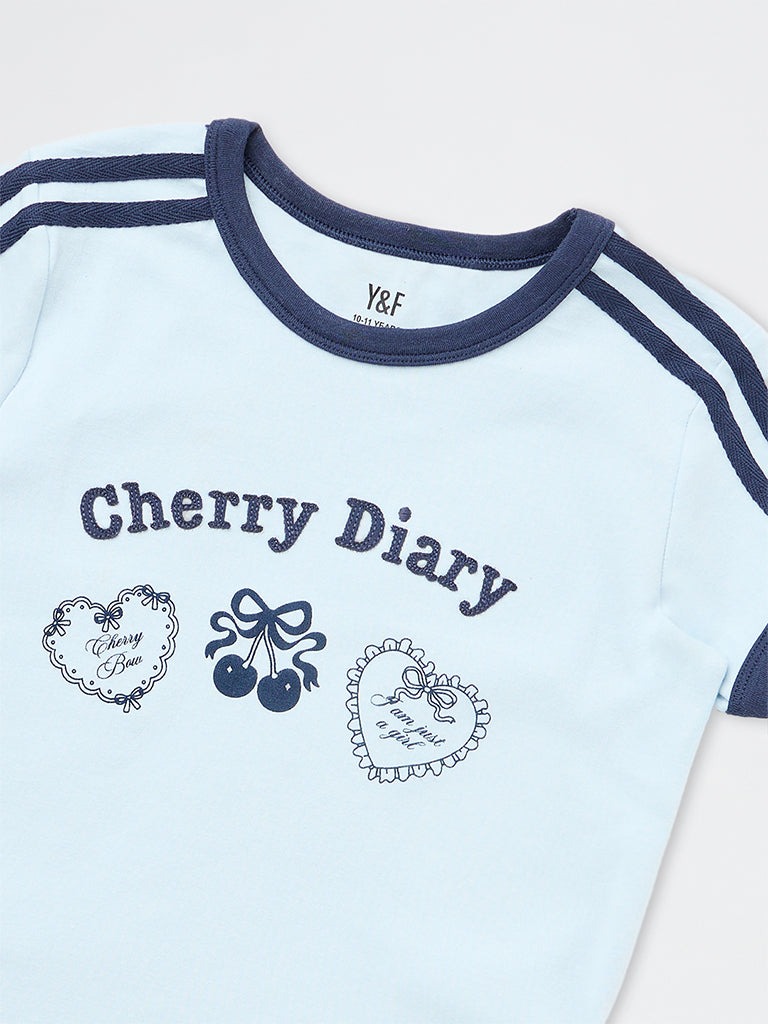 Girls Blue Printed Cotton-Blend T-Shirt