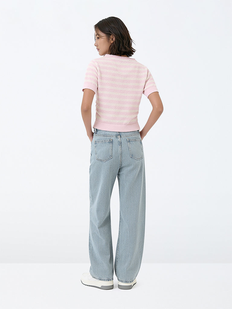 Girls Blue Striped High-Rise Relaxed Fit Jeans