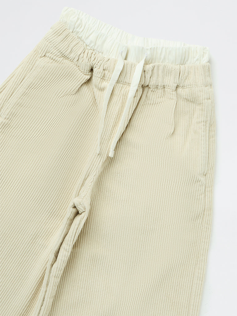 Girls Light Beige Corduroy High-Rise Cotton Pants