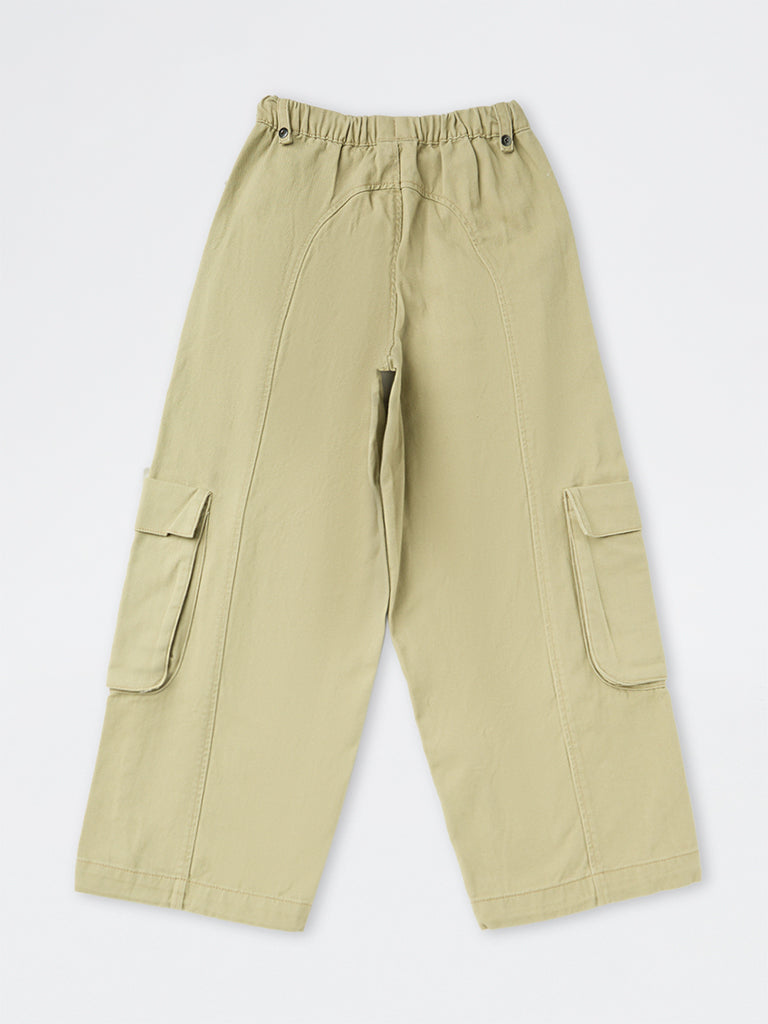 Girls Light Khaki Solid High-Rise Cotton Cargo Pants