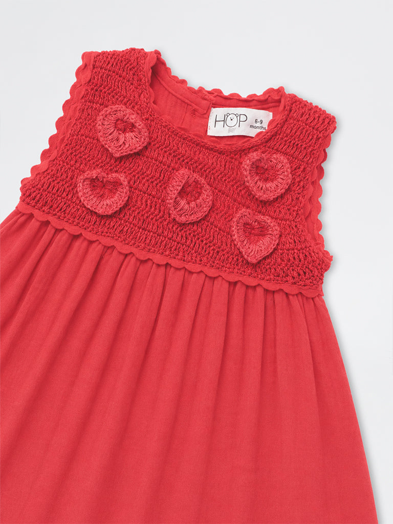 HOP Baby Girls Red Crochet Detailed Cotton A-Line Dress