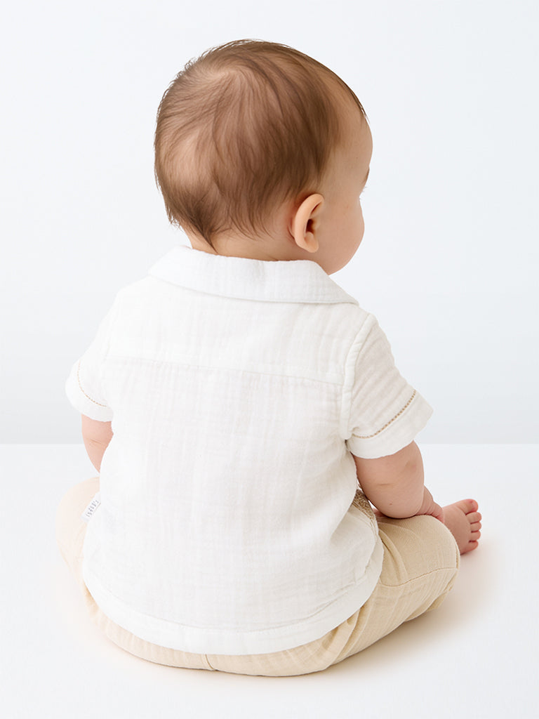 HOP Baby Boys Beige Embroidered Cotton Shirt and Pant Set