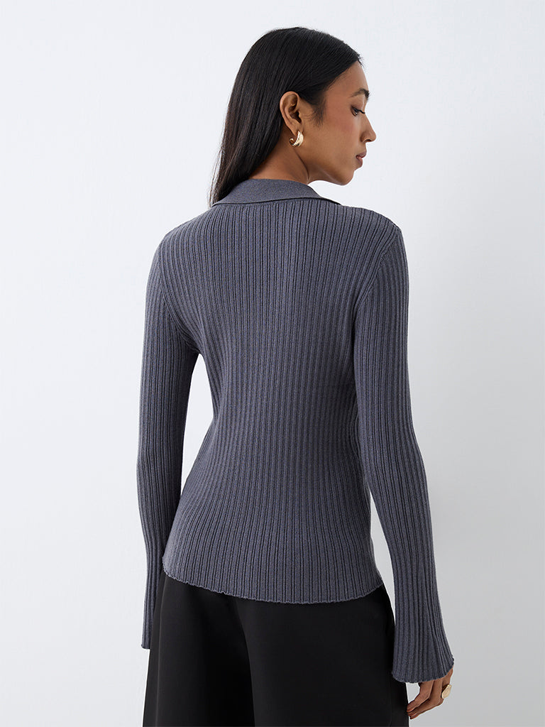 Wardrobe Dark Grey Ribbed-Knit Cardigan