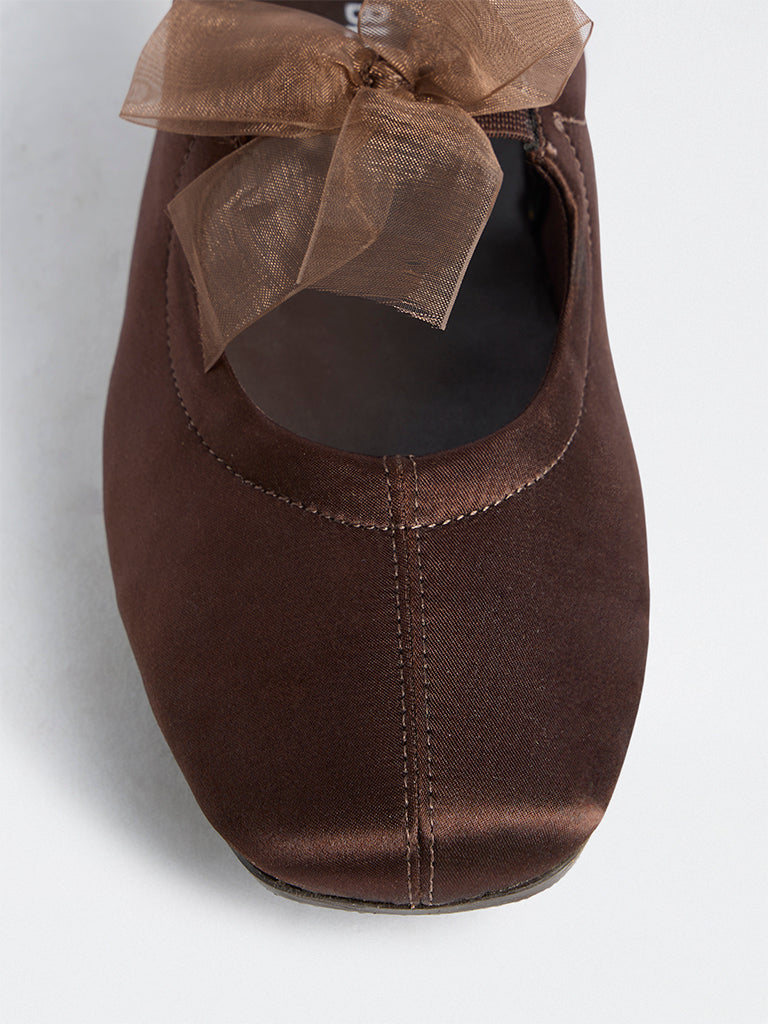 LUNA BLU Dark Brown Bow-Detail Satin Loafers