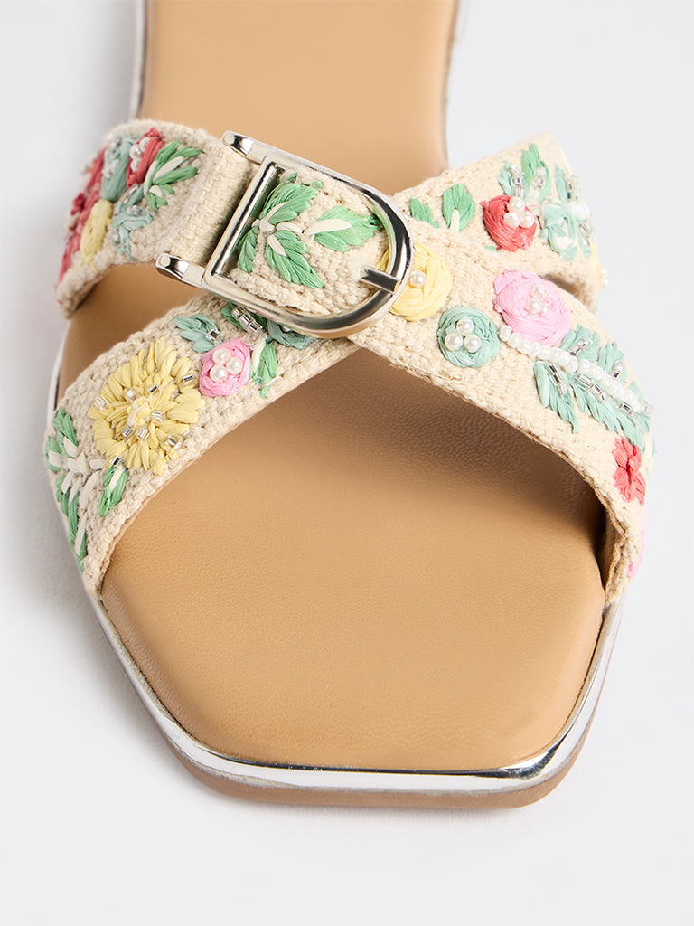 LUNA BLU Multicolour Floral Embroidered Criss-Cross Slides