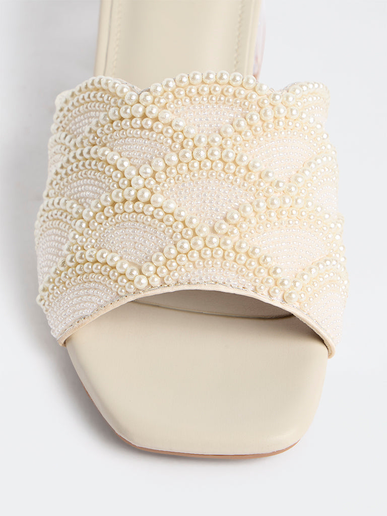 LUNA BLU Ivory Pearl Embellished Block Heel Sandals