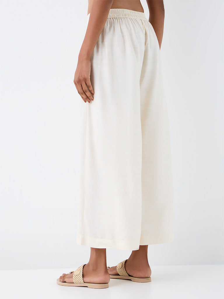 Zuba Off-White Solid Cotton-Blend Palazzos