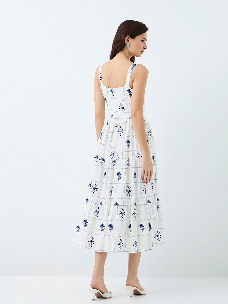 LOV White Floral Embroidered A-Line Dress with Belt