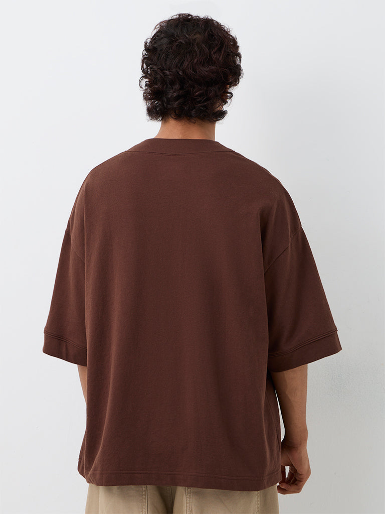 Nuon Dark Brown Japanese Embroidered Relaxed-Fit Cotton-Blend Shirt