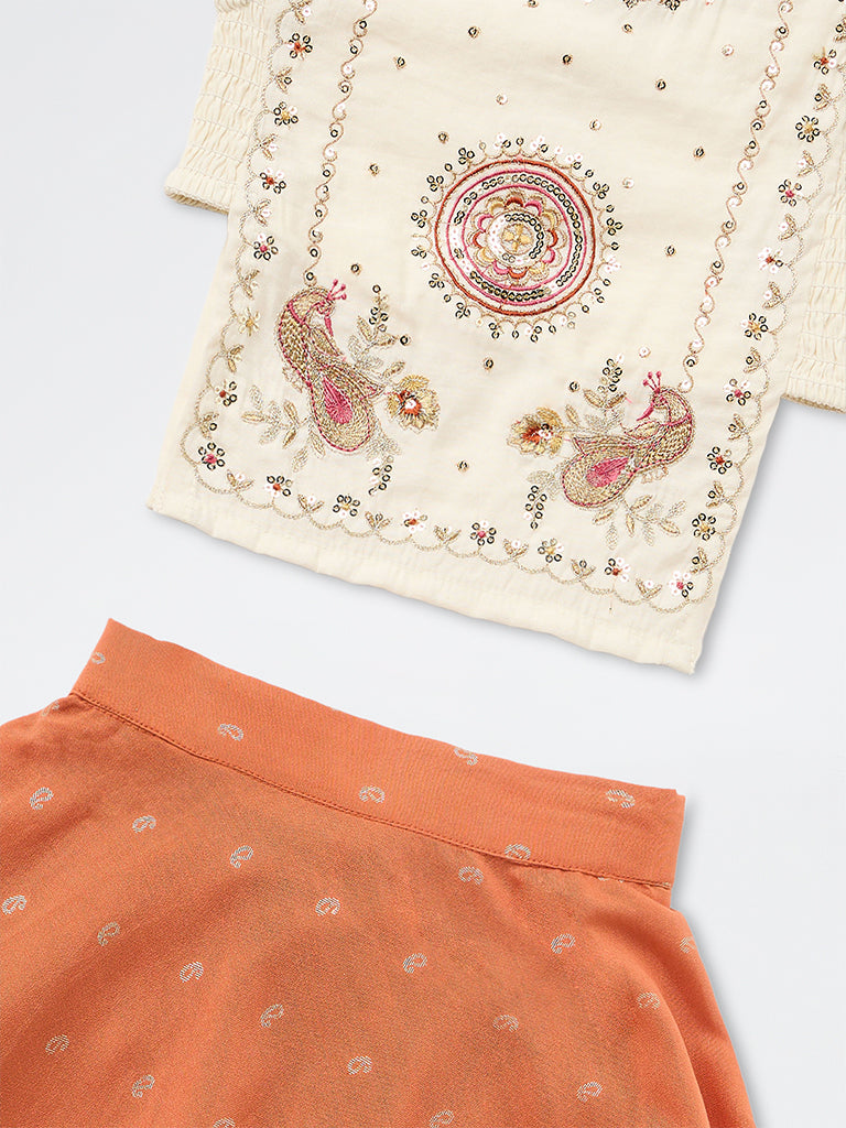 Utsa Kids Girls Orange Embroidered Top and Skirt Set - (2-8 yrs)