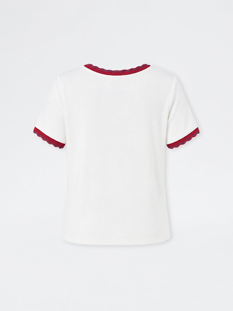 Gia Off-White Contrast Detailed T-Shirt