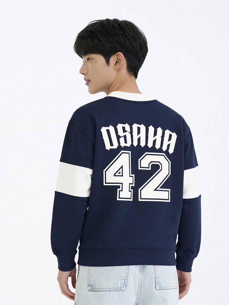 Boys Navy Printed Cotton-Blend Sweatshirt
