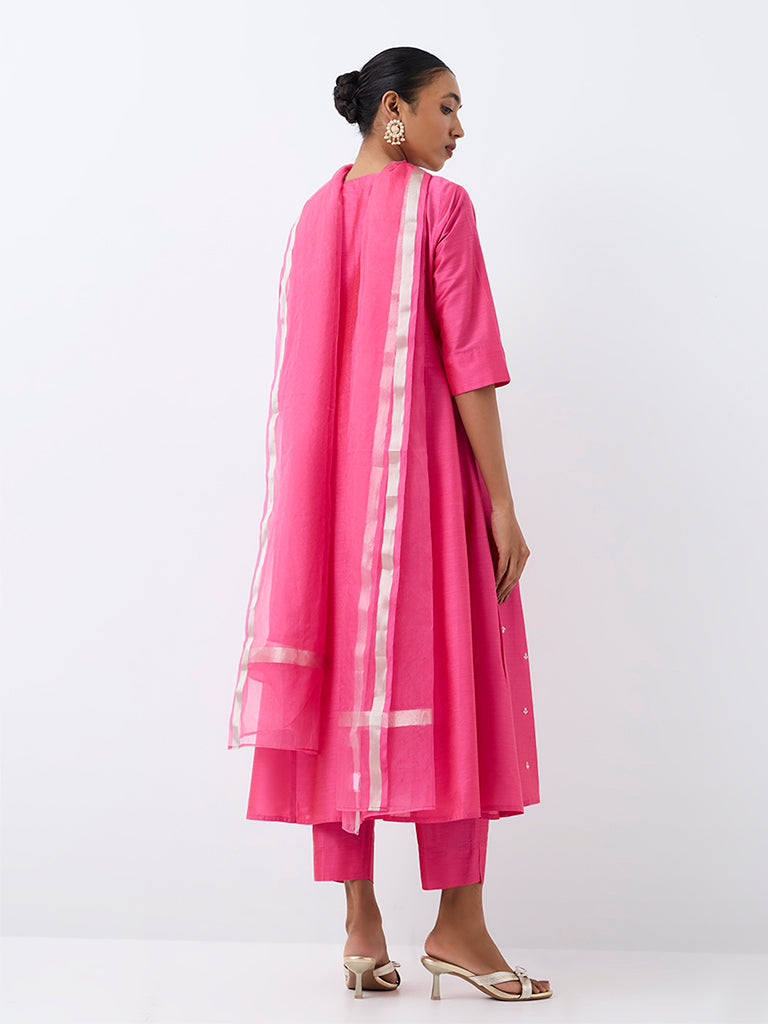 Vark Pink Zari-Embroidered A-Line Ethnic Set