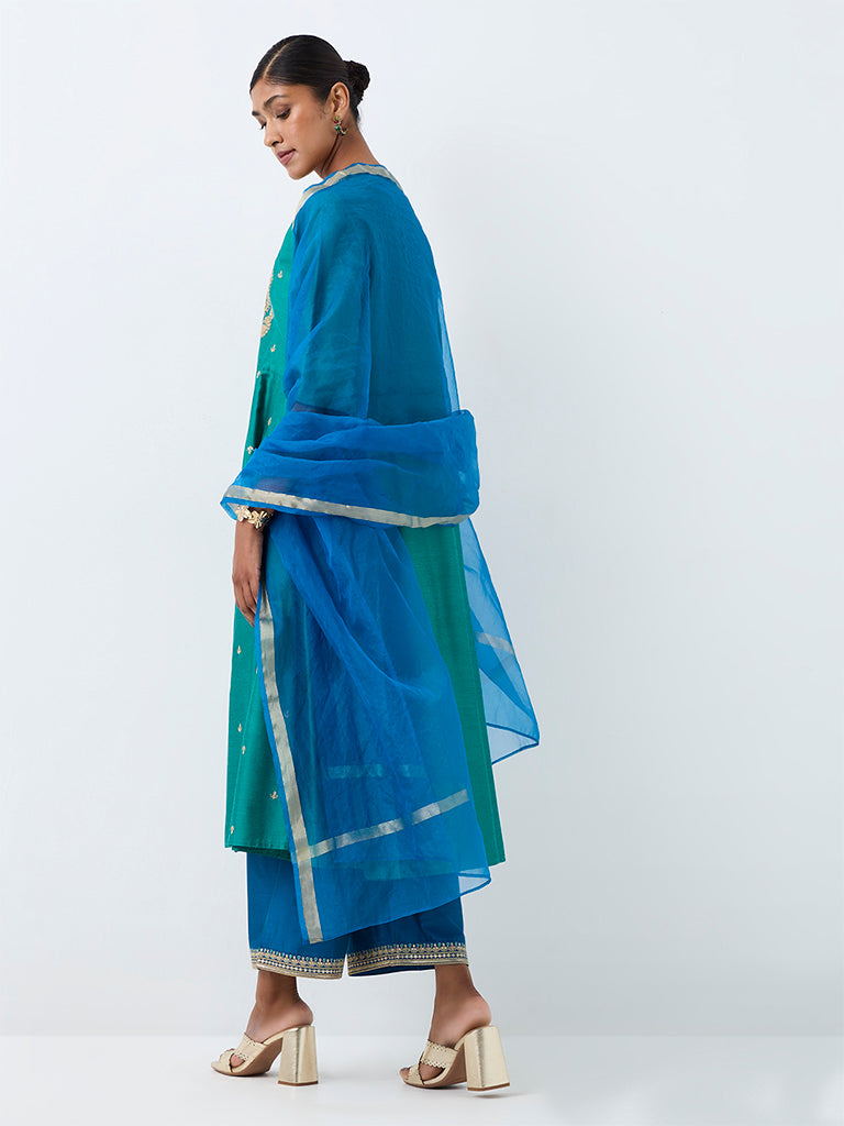 Vark Teal Floral Embroidered Flared Ethnic Set