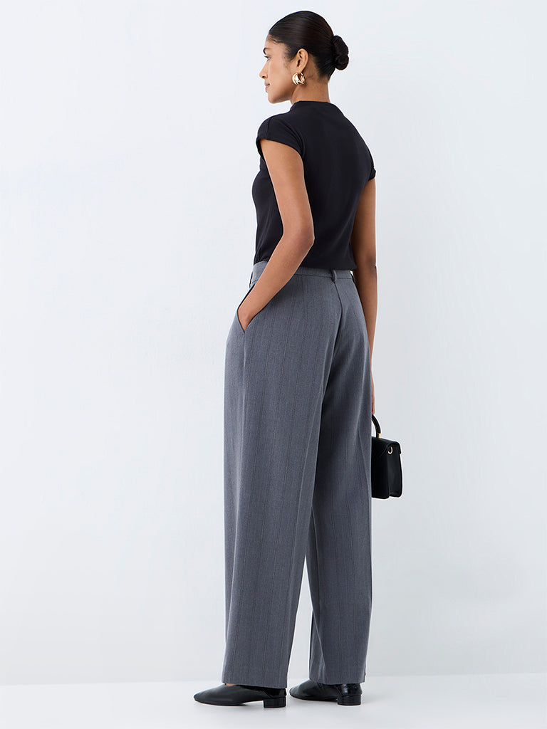 Wardrobe Grey Striped High-Rise Trousers