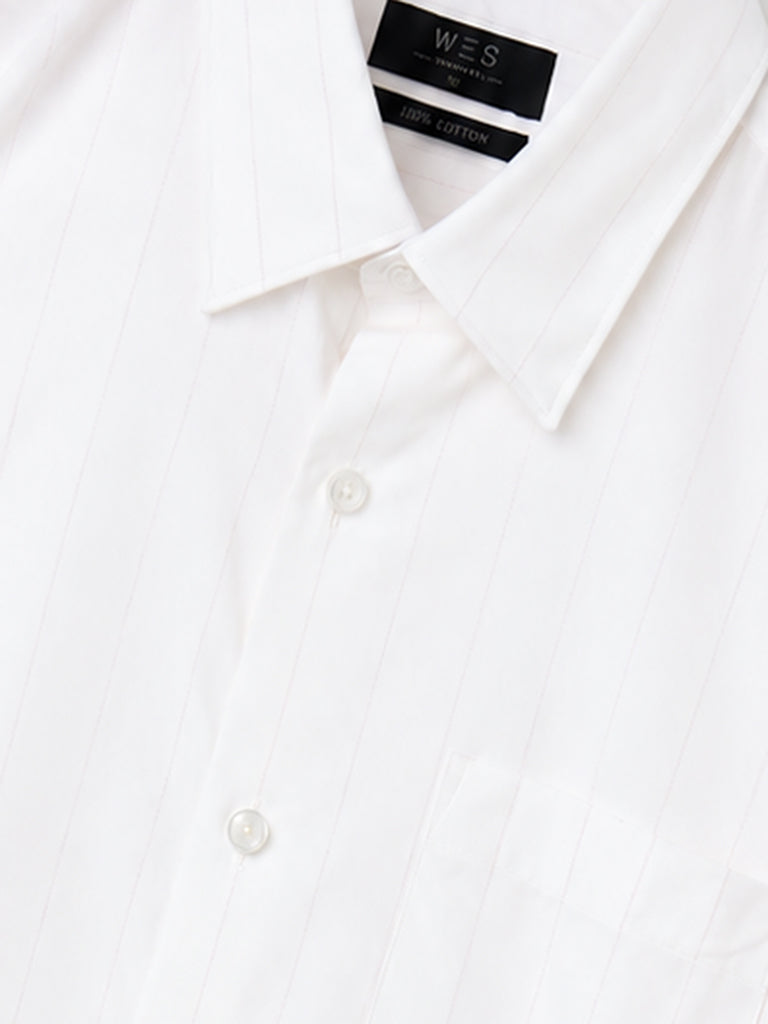 WES Formals Off-White Striped Slim-Fit Cotton Shirt