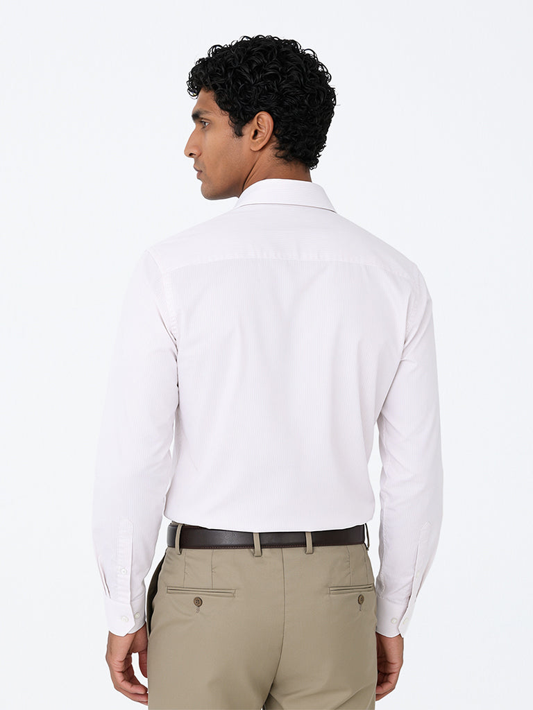 WES Formals Light Beige Striped Slim-Fit Cotton Shirt