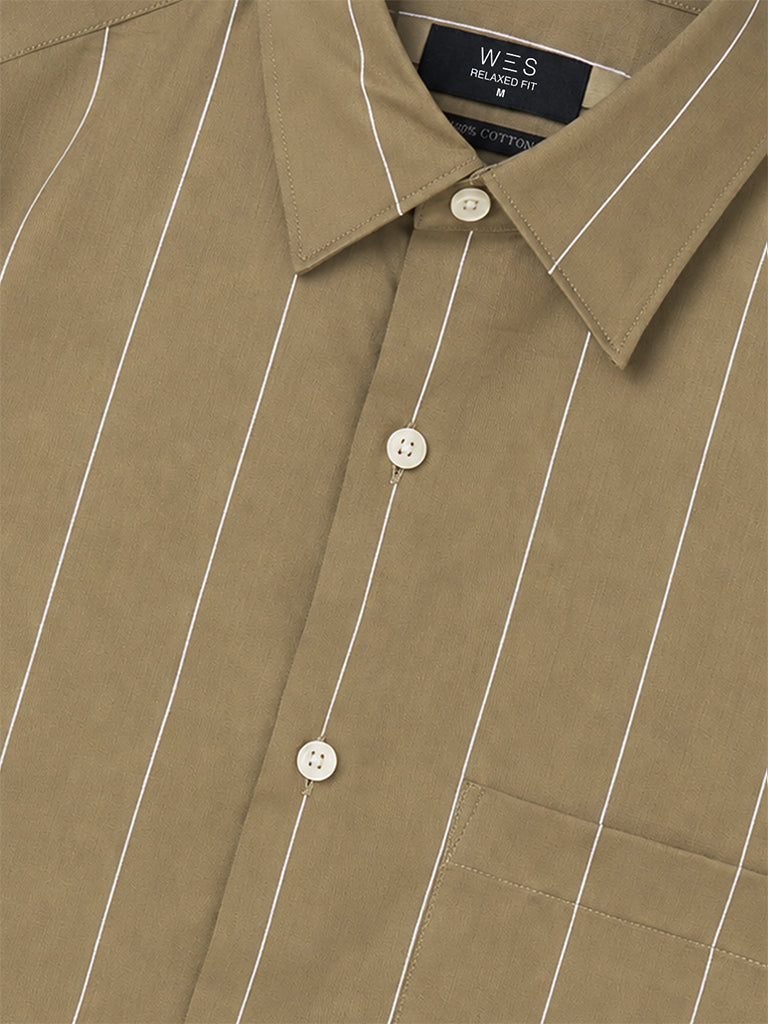 WES Formals Taupe Striped Relaxed-Fit Cotton Shirt