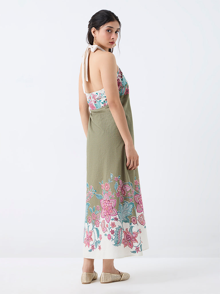 Bombay Paisley Sage Green Floral Printed Cotton A-Line Dress