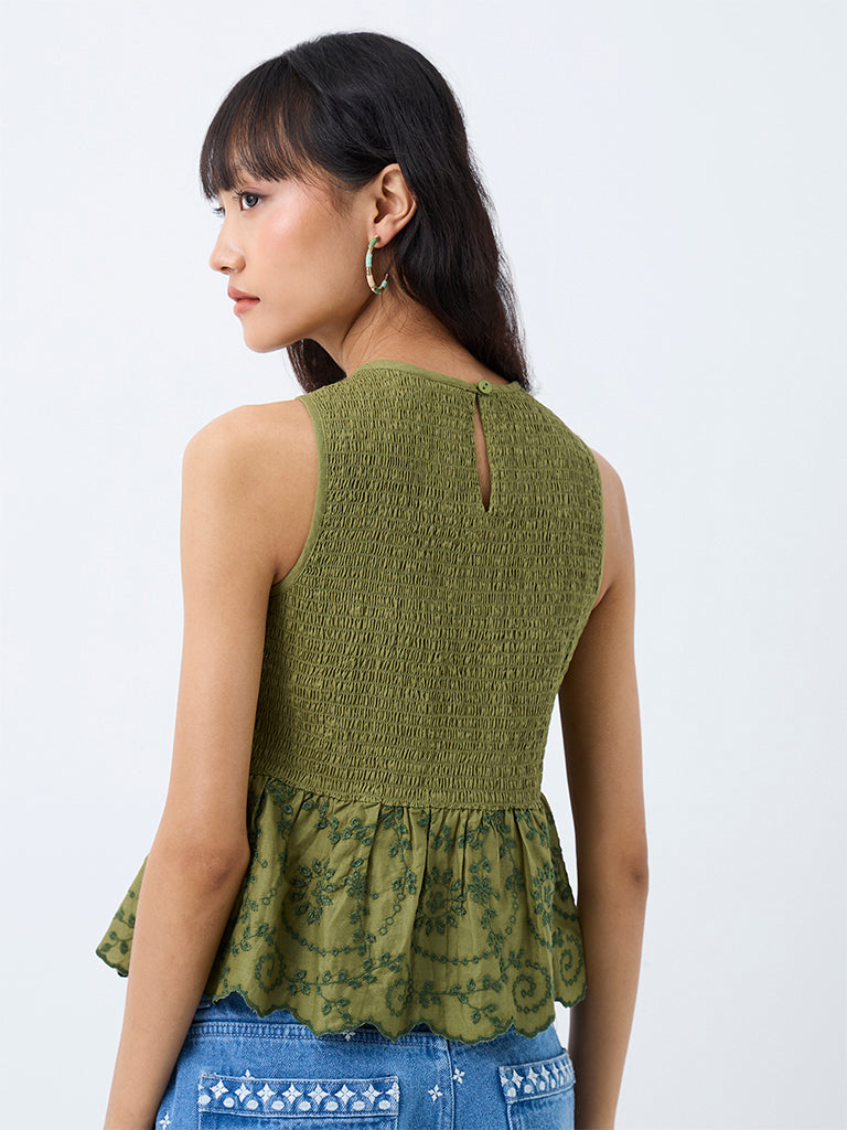 Bombay Paisley Green Smocked Peplum Cotton Top