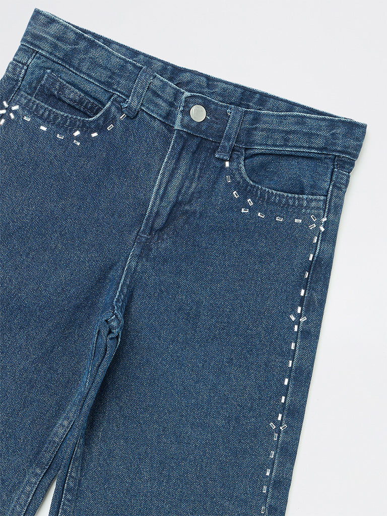 HOP Kids Girls Dark Blue High-Waist Relaxed Fit Jeans with Embellishments