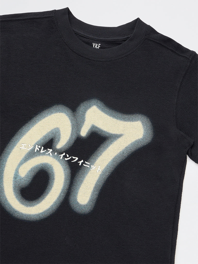 Boys Black Printed Cotton T-Shirt