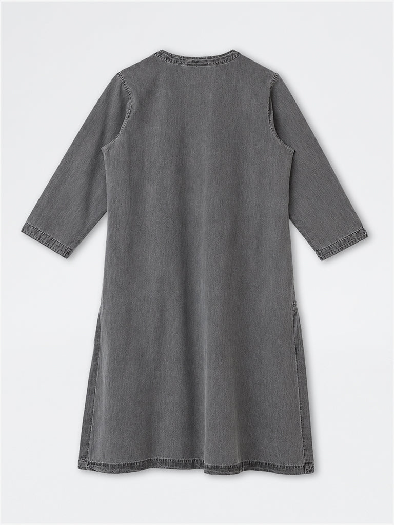 Diza Charcoal Floral Embroidered A-Line Denim Kurta
