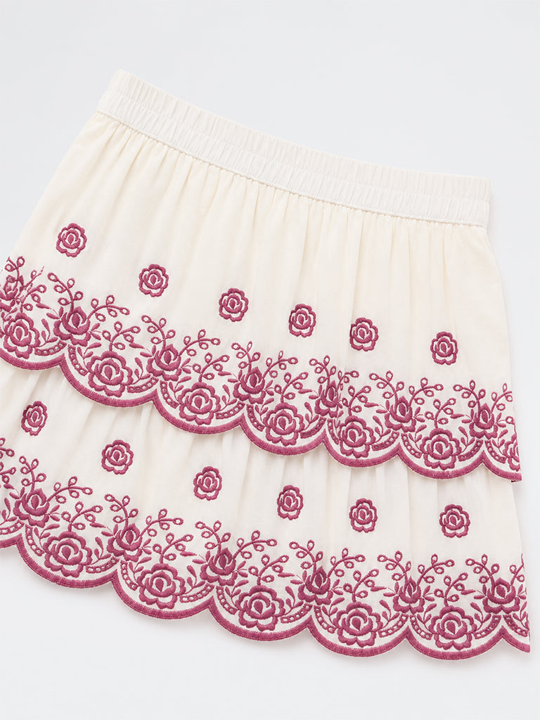 Utsa Kids Girls Off-White Floral Embroidered Tiered Cotton Skirt - (2 -8 yrs)