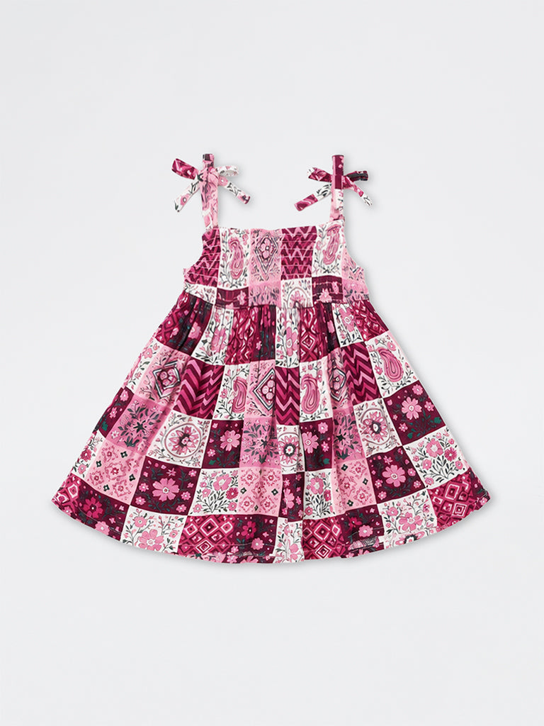 Utsa Kids Girls Red Patchwork Pattern Fit-and-Flare Dress - (2 -8 yrs)