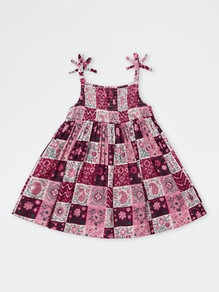 Utsa Kids Girls Red Patchwork Pattern Fit-and-Flare Dress - (8 -14 yrs)