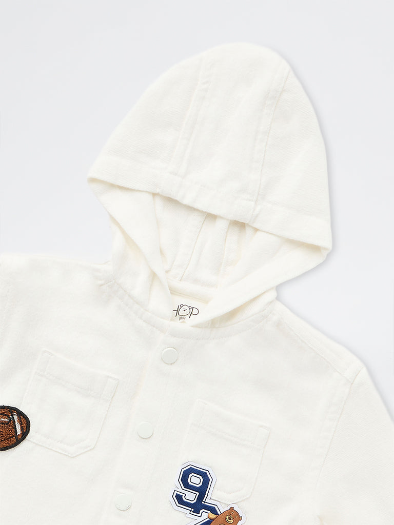 HOP Baby Boys White Patch-Detail Cotton Hooded Shirt