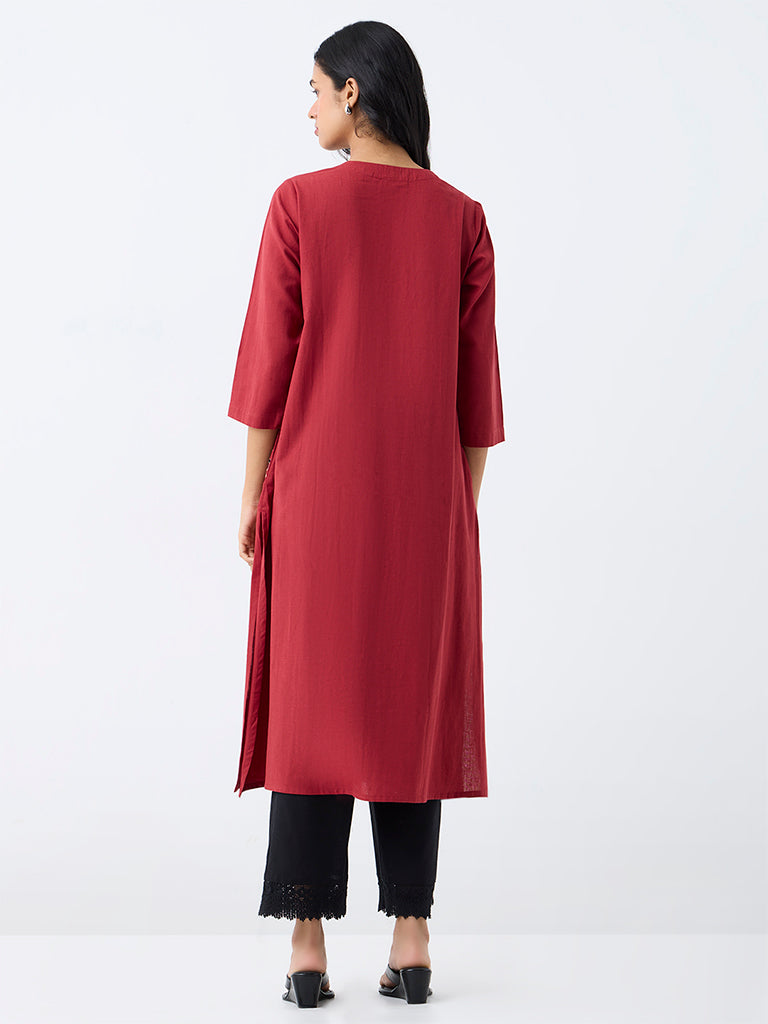 Utsa Red Floral Embroidered Cotton-Blend A-Line Kurta