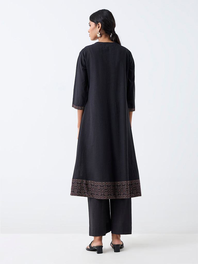 Utsa Black Patchwork Embroidered Cotton Flared Kurta