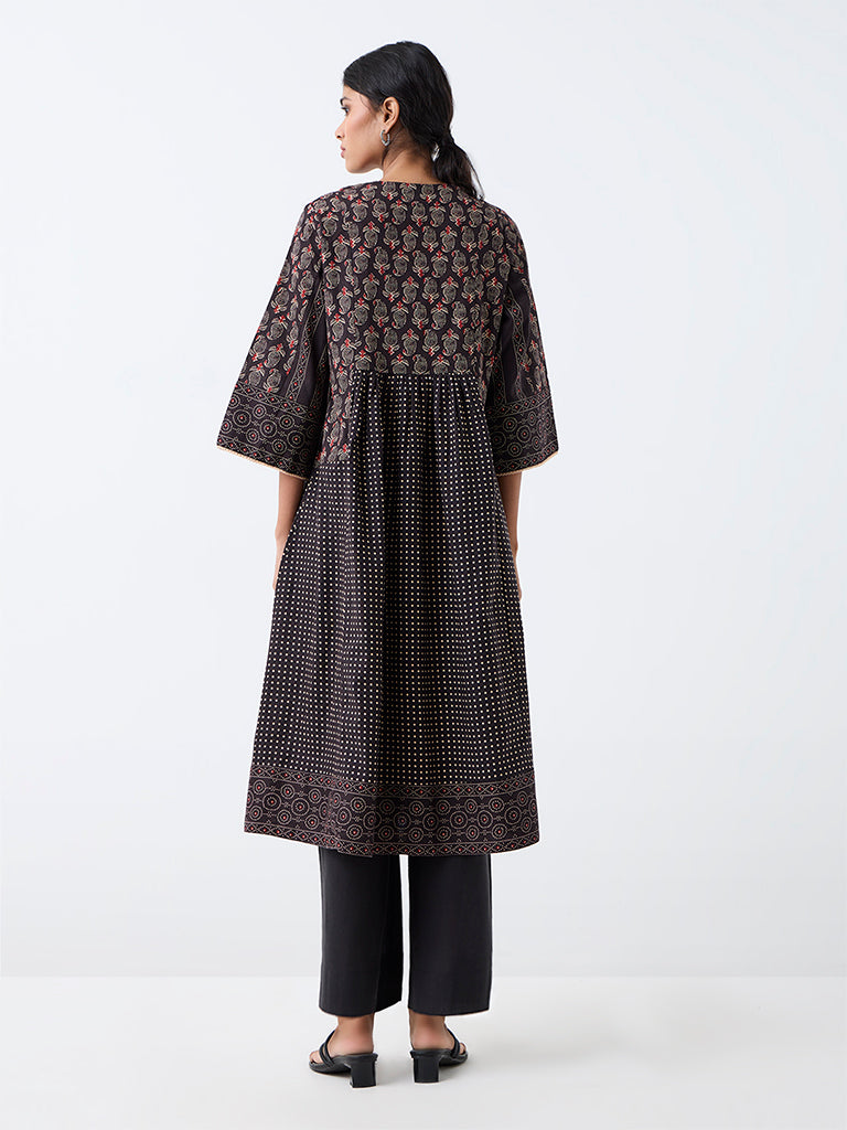 Utsa Black Printed Cotton Flared Kurta