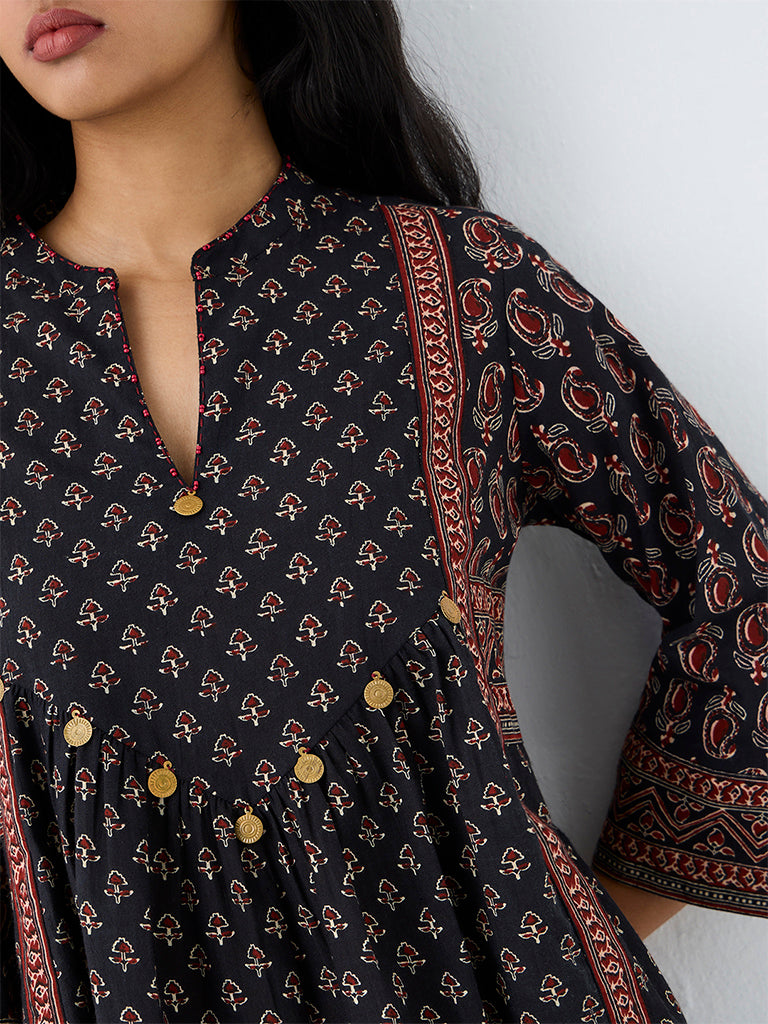 Utsa Black Floral Printed Embellished Tunic