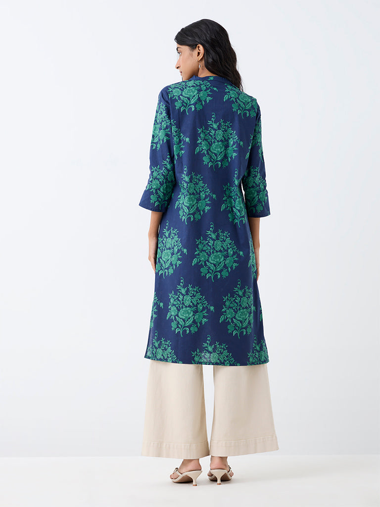 Utsa Indigo Floral Printed Cotton Straight Kurta