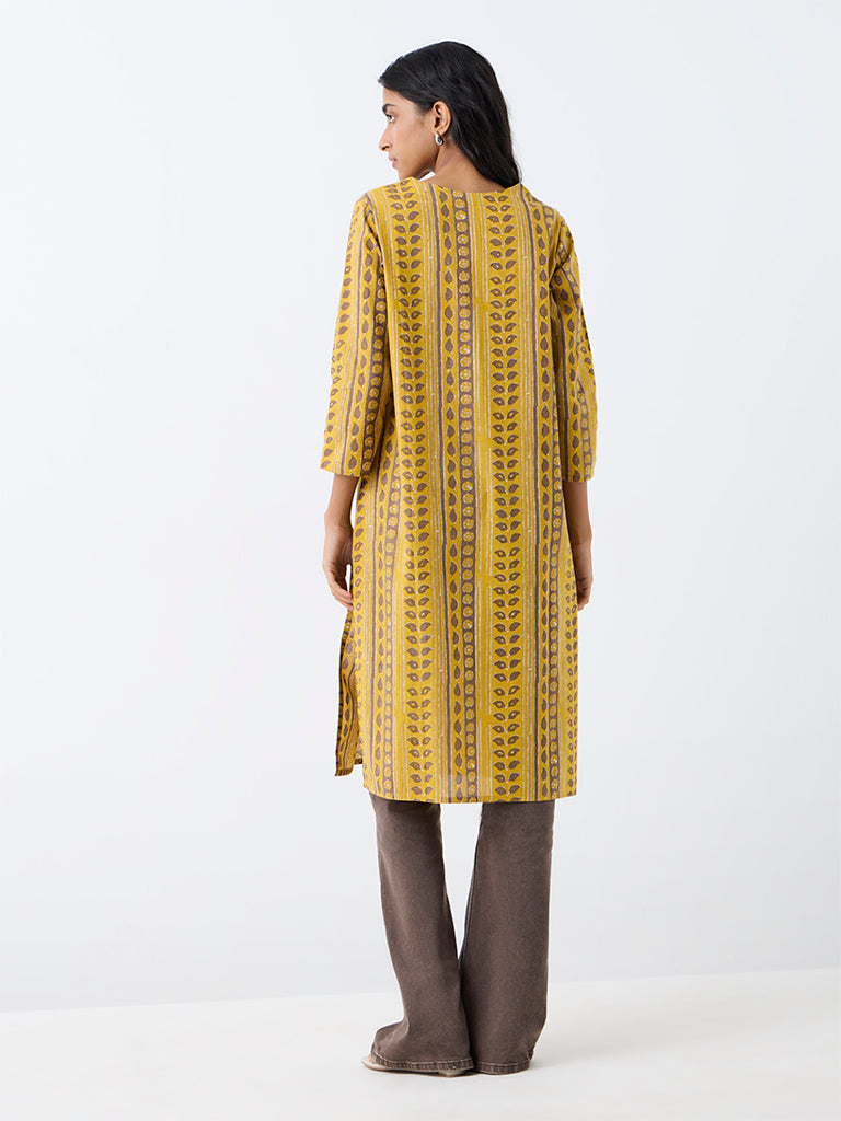 Utsa Mustard Botanical Printed Cotton Straight Kurta