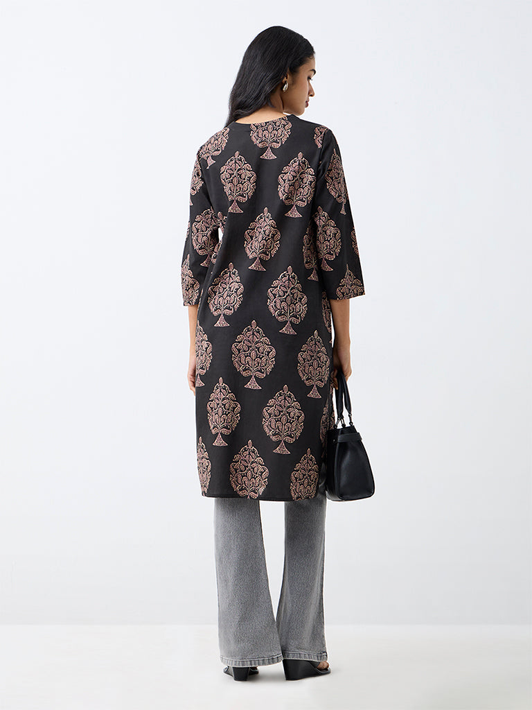 Utsa Black Foliage Design Cotton Straight Kurta