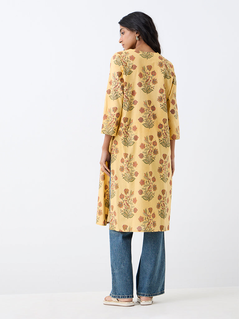 Utsa Yellow Floral Printed Cotton Straight Kurta