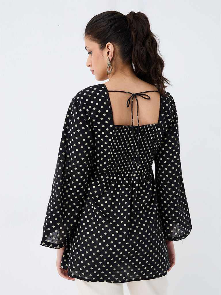 Utsa Black Polka Dot Printed Cotton Tunic