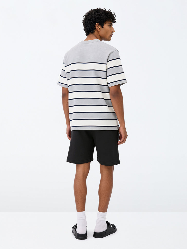 WES Lounge Black Solid Relaxed-Fit Mid-Rise Cotton-Blend Shorts