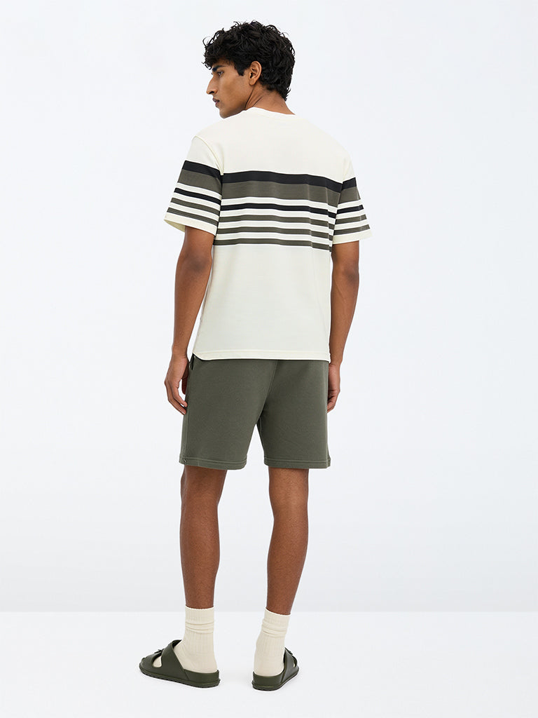 WES Lounge Olive Solid Relaxed-Fit Mid-Rise Cotton-Blend Shorts