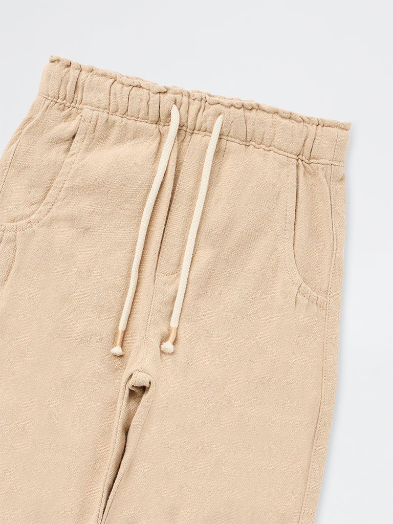 HOP Kids Boys Beige Solid Mid-Rise Cotton Trousers