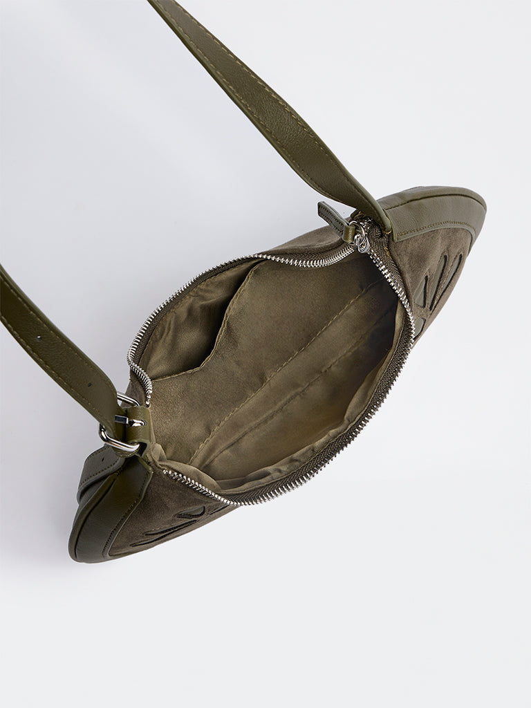 Westside Dark Olive Botanical Design Suede Shoulder Bag