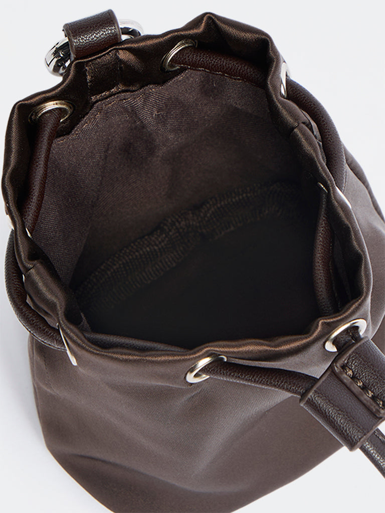 Westside Dark Brown Drawstring-Detail Bucket Sling Bag