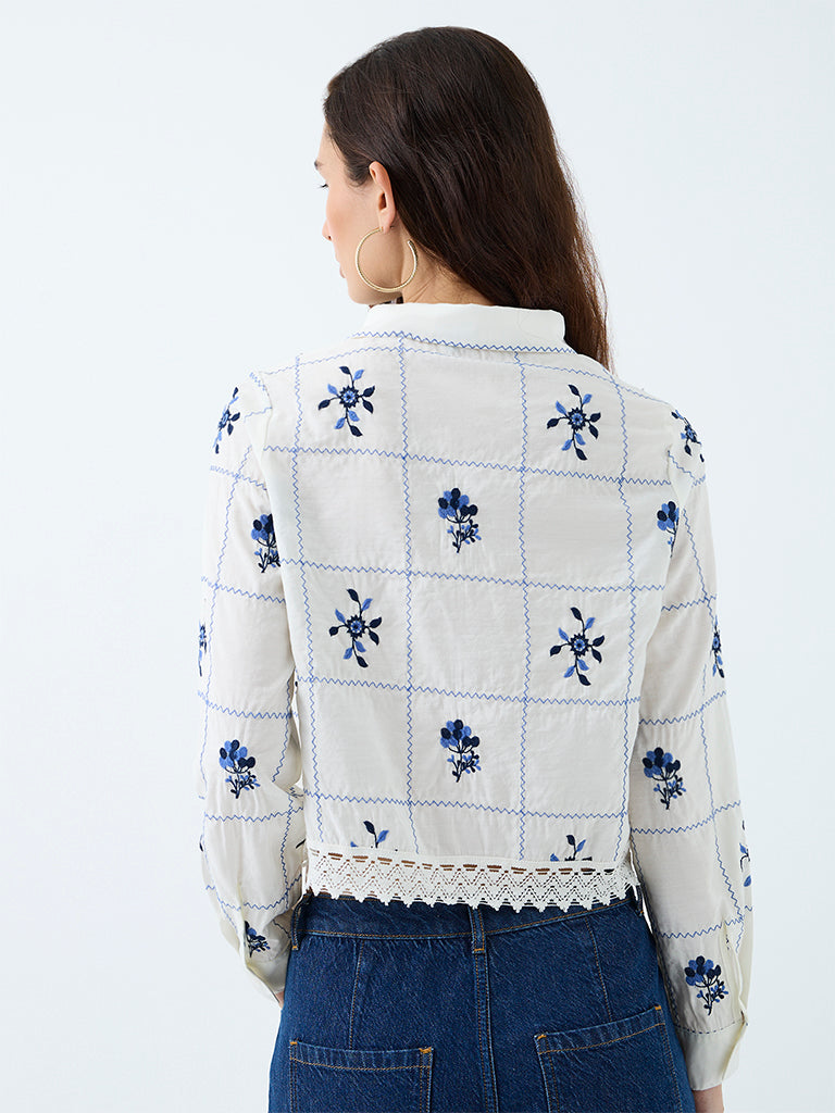LOV White Floral Embroidered Lace-Detail Blouse