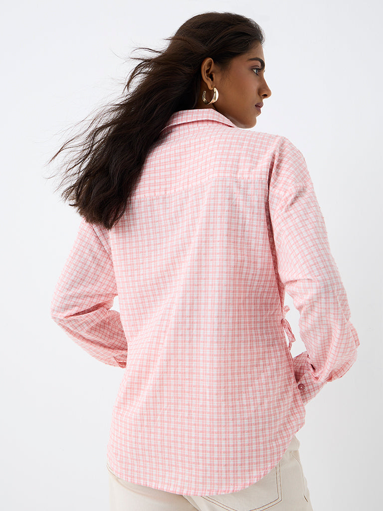 LOV Pink Checkered Tie-Up Detail Cotton Shirt